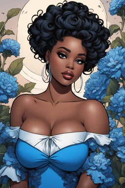 Create an comic image of a curvy black female wearing alight blue off the shoulder blouse and she is looking down with Prominent makeup. Highly detailed long curly messy bun. Background of large blue and black flowers surrounding her