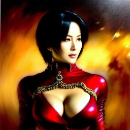 Drawing of beautiful face,'beautiful,Busty fit 'Ada Wong',intense stare, ancient skintight armor, balanciaga fashion clothe painting by gaston bussiere, greg rutkowski, yoji shinkawa, yoshitaka amano, tsutomu nihei, donato giancola, tim hildebrandt Oil on canvas, cinematic composition, extreme detail,fit full head inside picture,16k