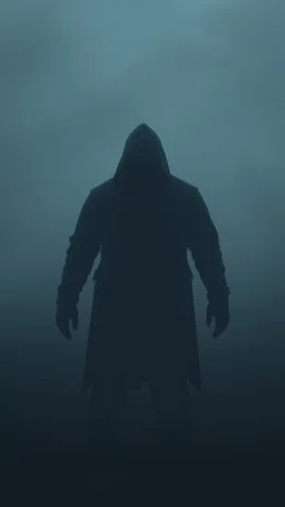 no back ground, The shadow of a hooded fallen man can be seen in the fog
