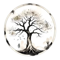 Tree of life in perfect circle , Chinese ink painting, white background