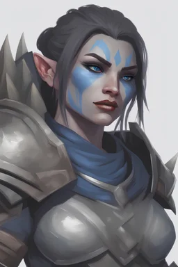 a female orc , blue eyes, muscular, in heavy armor, dark blue skincolor
