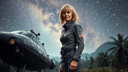 A photorealistic image of an adventurous, slender, older woman from the future, dressed in a tailored, full-body spacesuit, stands proudly beside her cargo spaceship. Her uncombed, blond hair has bangs. Standing in a jungle clearing. The scene is framed by a cosmic expanse of stars and nebulas.