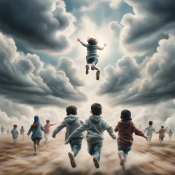 Hyper Realistic Aerial Back View Of Lots Of Children (Male Female Both Children Wearing Keffiyeh) Happily Running Towards Heaven On Sky At Cloudy-Day Environment Showing Dramatic & Cinematic Ambiance.