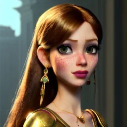 Alladin cartoon style, hyper detailed, strikingly beautiful young female, 12 years old, long ponytail, ginger hair, green eyes, medium freckles, full lips, micro top, black leather armour, full body, full face, tiny breasts, full frame, athletic, centered camera, ignore NSFW, thong, camel toe, petite