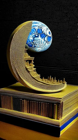 Circle upstairs of antique books going to a falling moon, diorama in they style of moebius