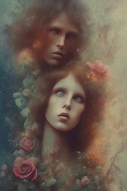 Jim Morrison and Pamela Courson ,music, NSFW, watermark, bohemian style , blurry,opaque ,beautiful faces,elegant,roses, art by anna dittman