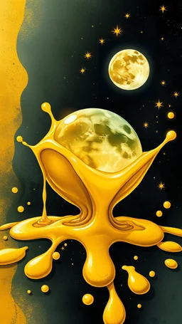 art illustration in the style of Luis Royo, large droplets of viscous a an ice cream yellow con in it a syrupy fluid, burnished jade, planet earth in crystal shape with the golden sun and crystal white transparent moon , Al. In side a biscuit ice cream con and glowing stars in the background with golden yellow, ink black