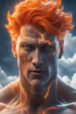 a slim muscular god with galaxy's in his eyes, glowing orange hair that looks like it's made of the sun, a light gray body made of clouds with glowing cracks of orange within it in cloud patterns. lightning crawls up his face. necklace made of water. realistic 4k