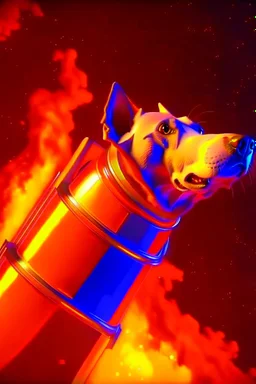 white and orange dog flies to the space at on top of the a rocket, writes, in space, realistic, 4k, Cinematic,