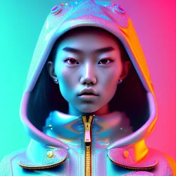 asian woman teenager, few freckles, gold teeth, padded coat, retro futuristic, latex dress, gradient color, BLUE, PINK, CYAN, neon, insanely detailed, 16k resolution, perfect eyes, cinematic smooth, intricate detail