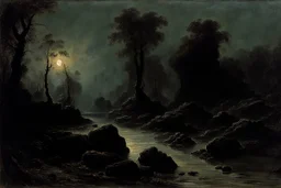 Night, rocks, trees, begginer's landscape, horror gothic movies influence, friedrich eckenfelder and willem maris impressionism paintings