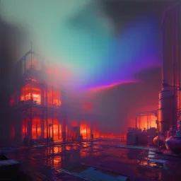 factory of colors. smoke rises from multi-colored glassware. color swatches in the background. hyperdetailed, warm colors, detailed painting, photorelistic, oil on canvas, light dust, futuristic. volumetric lighting