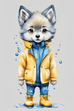 A really cute small wolf baby with waterproof yellow jacket and water blue boots, watercolor style, simple drawing
