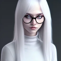 glasses, girl, full body, realistic, sueter, emotionless face, long white hair,