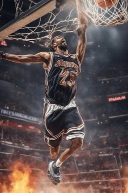 8k, highly realistic and detailed image of a NBA basketball player in action dunking the ball in the net, sweaty hair, screaming look,action and smoke and flames background