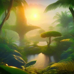 starting of life on earth, beginning, cells, microbes, sunrise, water, tropical jungle, plante, evolution, photorealistic