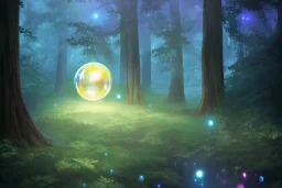 glowing bubble portal in a clearing glade in a redwood forest at night. shimmering portal. the forest redwood trees are lit by a glow. by cyril rolando and naomi okubo and dan mumford and ricardo bofill. beeple. noah bradley. digital render. digital painting. trending on artstation. concept art