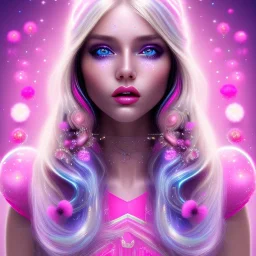 beautiful, soft, big smile face, whole head, long straight blonde hair blues eyes, crown on the head, clothing in transparent bluish and pink veil, background brillante bluish and pink, hight definition, 8K