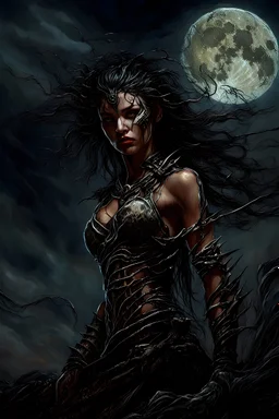 A dramatic digital painting portraying a warrior girl under the Moon, veins pulsing, claws of temptation visible, soul in turmoil. In the style of Luis Royo and Boris Vallejo and Giger, vivid colors, swirling brushstrokes, highly detailed, 8k resolution, surrealistic., juicy emotions, painting, gloomy fantasy, gloomy day, dark world, portrait, oil and graphite, wide strokes, a weaving frame around, by Ryohei Hase, Agnes Cecile, Raymond Swanland, Anne Bachelier