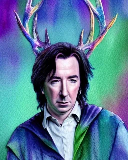 high-quality, fine-detail close-up watercolor of young Alan Rickman as Severus Snape with holographic deer in foreground, 8k, intricate, photoillustration, artwork, volumetric lighting,