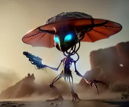 Alien, mech, jellyfishsombrero, metal, holding gun, hands, strong, poncho