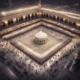 Hyper Realistic Aerial-View of lots of people praying outside-an-open-air-hall of Masjid-Nabawi in Madina with clean-marble-flooring & date-trees-outside at night showing dramatic & cinematic ambiance