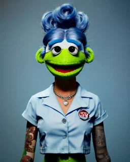 hybrid character, waitress sexy woman with monster muppet mask that covers her entire head, short shirt, tray, old school tattoo, retro style, Sesame Street style, hot, smooth, unreal engine 5, god lights, ray tracing, RTX, lumen lighting, ultra detail, volumetric lighting, 3d.