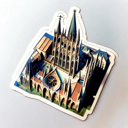 aerial view of a digital artwork of a medieval cathedral as a sticker