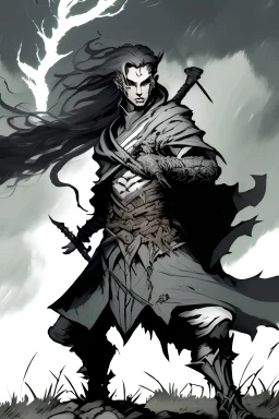 elf, male, with flowing grey robes, no armor, with two sabres, in the field, with a storm overhead, dynamic pose, darkest dungeon style, black and white