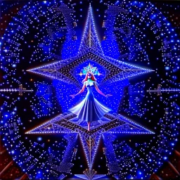A surreal cosmic scene featuring an elegant woman in a flowing lavender and blue gown standing at the center of a massive five-pointed star-shaped platform floating in deep space. The star is constructed from intricate architectural elements - miniature buildings, geometric cubes, and stone blocks arranged in a mosaic pattern. Golden luminous trails and swirling energy ribbons spiral around the star's points. The background features a breathtaking nebula with purple, pink, and blue cosmic clouds