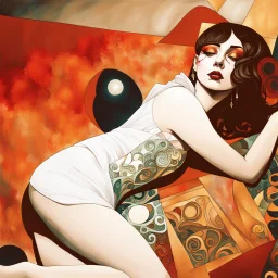 create an abstract, cubist, highly ethereal, darkly magical full body illustration of a deeply sorrowful, savage Bruja vampire girl with highly detailed and deeply cut facial features, in the style of GUSTAV KLIMT, EDWARD BURNE-JONES, WILLIAM MORRIS, and KATHE KOLLWITZ combined with the comic art style of BILL SIENKIEWICZ and JEAN GIRAUD MOEBIUS, searing lines and forceful strokes, precisely drawn, inked, and darkly colored