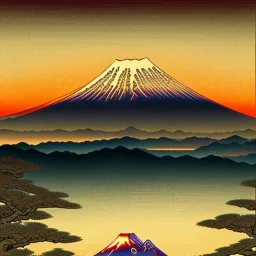 Ukiyo-e painting of a mount fuji at sunset