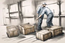 a swedish industry worker from sweden, very strong pushing a wooden crates and IBC along the floor in a factory, very basic sketch painting like the image i uploaded