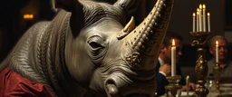 close up portrait painted by Rembrandt, stupid looking furry dragon rhino at banquet