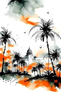 Watercolor black and white far away palm trees with orange little flowers on the trees far way Omani tower