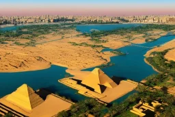 An ancient Egypt city at the Nile, pyramids in the background, Egyptian temples, lush vegetation, by matthieu lauffray, sunrise, stunning environment, perfect composition, professional digital painting, super highly detailed, wide-angle, extremely realistic, diffused lighting, 8 k Uhd, god rays