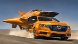 A national geographic award winning photograph of a military fighter jet station wagon wasp hybrid designed by volkswagen only one vehicle per image painted metallic orange traveling at a high rate of speed, jet intake off of front center of vehicle and jet exhaust out the rear with bright blue flame, bilaterally symetrical