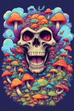 Psychedelic monkey skull looking high and grinning, surrounded by clouds and overgrown with psychedelic mushrooms. Birds flying around the skull. Digital drawing. Colorful. t-shirt design. Cartoon. Digital cartoon. Mid detailed. Super happy. Cheerful. Light hearted. Colorful. Vibrant colours.
