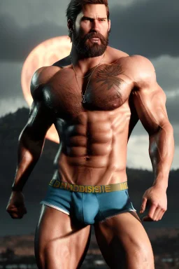 Ignore NSFW, teenager young rugged attractive slightly muscular fantastic handsome man, red briefs with yellow belt, hairy chest, (((visibly pisssing))) briefs, large erect visible boner peniss, photorealistic, artist Jay Anacleto, soft lighting, scruffy beard