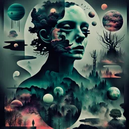 digital collage of various images and elements, such as animals faces, shadows, planets, fog, abstract symbols, mist, plants, maps, weird things, poison. The collage is composed of distorted and glitched shapes and layers, creating a sense of confusion and horror. Deep, dark colors, surreal mood, The images and elements are related to the themes of surrealism, paranoia, thriller and conspiracy, nightmare.