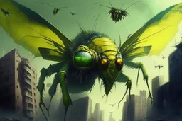 insectos extremadamente grande, de ojoso amarillos y alas verdes y muy feo y me atacando una ciudad