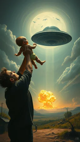 Bosch painting style nightmare, a man holding a baby up toward a a ufo spaceship, in the background a nuclear explosion in the rear view , dramatic sad scene, fantasy, scary.