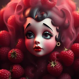 Moist Anthropomorphic red raspberry that has the face of Betty Boop subtly blended into it, hyperreal, profound, concept art,