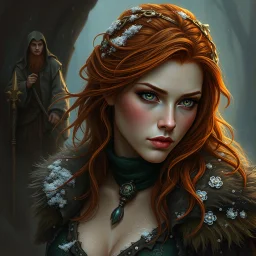 a beautiful fantasy woman, young, ginger hair, rugged, dark fantasy art, shivering isles