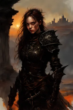 A formidable warrior girl in black armor, on the background Amazing gloomy landscape, flooded with sunset, mountains, trees, fabulous scary hero, , juicy emotions, painting, dark fantasy, gloomy day, dark world, portrait, Gothic Town At Night, Fantasy, Intricate Details, Castle Courtyard Gardens, Hyper Detailed, Jean Baptiste Monge, Carne Griffiths, Michael Garmash, Seb Mckinnon, Masterpiece