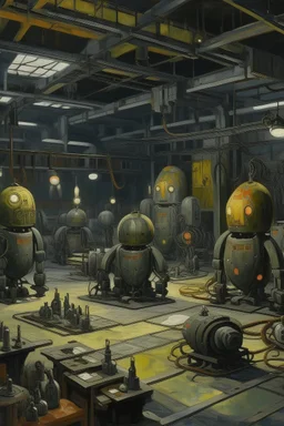 A dark gray robotic factory with bombs painted by Paul Gauguin