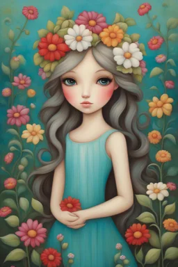 Painting of a Girl with Flowers on Her Head, Garden, by Jeremiah Ketner