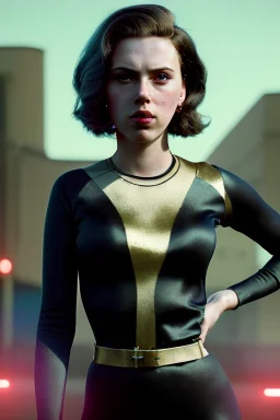 retro sci-fi portrait image from 1960, supermarket parking explosion, young Scarlett Johansson, classic black tight lycra suit, gold bracelet and belt, soft color, highly detailed, unreal engine 5, ray tracing, RTX, lumen lighting, ultra detail, volumetric lighting, 3d, finely drawn, high definition, high resolution.