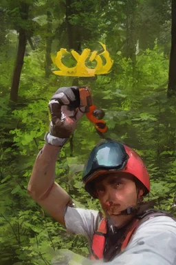 Red vested TF2 engineer with yellow hardhat taking a selfie at the forest