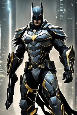 Full body Batman ultra advanced warframe with the whole and full body full armor with ultra sophisticated machine compagnon ultra high resolution and details,walk in street city bussy